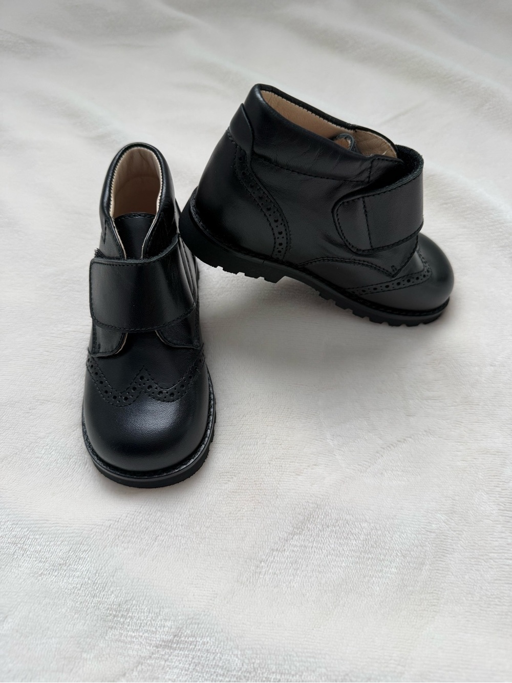 Children's Black Leather Velcro Ankle Boots